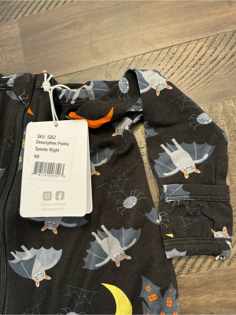Bestaroo Zip-Front Footed One-Piece in Black with Bat & Moon Print spooky nights